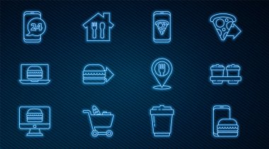 İnternetten sipariş ve teslimat, paket kahve fincanı, yiyecek pizzası, burger, kafe restoranı mekanı ve ikon. Vektör