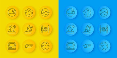 Astronot miğferi, astronomik gözlemevi, uydu anteni, Mars gezegeni, kozmik gemi, Ölüm Yıldızı ve göktaşı ikonu. Vektör