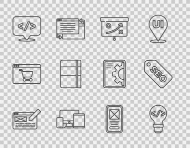 Satır UI veya UX tasarımı, Front end geliştirme, Planlama stratejisi konsepti, Monitor, mobil, tablet, Sketchbook albümü ve SEO optimizasyon simgesi. Vektör
