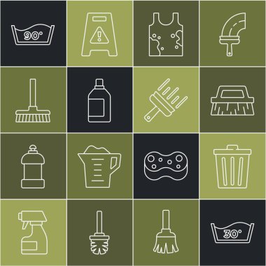 Hat ısısını, çöp tenekesini, temizlik fırçasını, kirli tişörtü, şişe ajansını, süpürgeyi ve cam temizleme ikonunu ayarla. Vektör