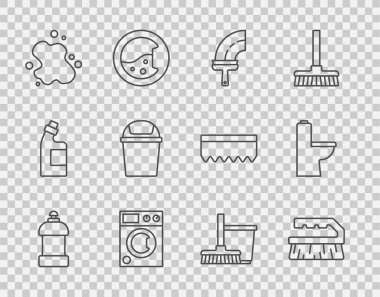 Temizlik malzemesi, fırça, temizleyici pencereler, çamaşır makinesi, su dökülmesi, çöp tenekesi, süpürge ve kova ve klozet ikonu için bir hat ayarla. Vektör