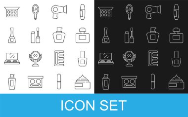 Hat kremi veya losyon kozmetik tüpü, tırnak cilası şişesi, parfüm, saç kurutma makinesi, Mascara fırçası, ayna ve ikonlu makyaj tozu. Vektör