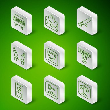 Adaletin ölçeklerini belirle, Yargıç tokmak, sansürlenmiş pul, kalkan, elleri kelepçeli suçlular, soru işareti, barış ve ikon içeren zarf. Vektör