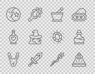 Tavşan, Masonlar, Havan topları, Ortaçağ kılıcı, Ay yıldızları, Cadı, Sihirli değnek ve şişe ikonu. Vektör