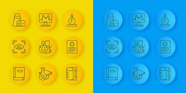 Çizgi Bilim Kitabı, Göz Taraması, Temel Geometrik Şekiller, Yükseklik Geometrik Şekiller, Hasta Kayıtları, Elektrik santrali, Fizik Formülü Gücü ve Genetik Mühendisliği ikonu. Vektör