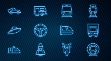 Tren ve demiryolu, kargo kamyonu, direksiyon, sürat teknesi, araba ve karavan kampı ikonu. Vektör