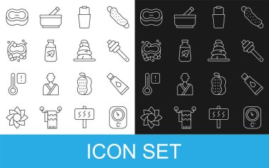 Sauna termometresi, krem ya da losyon kozmetik tüpü, ballı çubuk, kova, temel yağ şişesi, sabun ve sıcak taşlar ikonu. Vektör