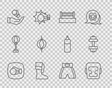 Boks eldiveni, kask, yüzük, spor boks ayakkabısı, kum torbası, kısa ve aptal ikonu. Vektör