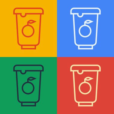 Pop sanat eseri Yoğurt kabı simgesi renk arkaplanında izole edildi. Plastik bardakta yoğurt. Vektör.