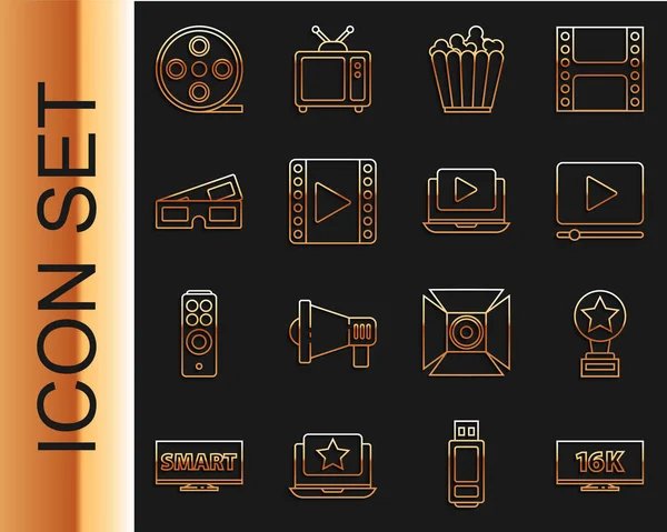 Set Line Screen 16K Movie Trophy Online Play Video Popcorn — Stock Vector