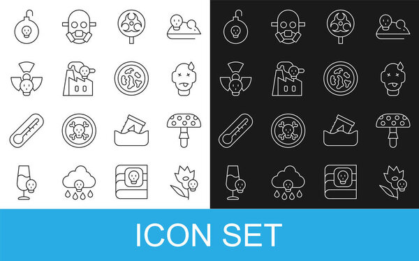 Set line Poison flower, Fly agaric mushroom, Man poisoning, Biohazard symbol, Smoke from factory, Radioactive, Nuclear bomb and Petri dish with bacteria icon. Vector