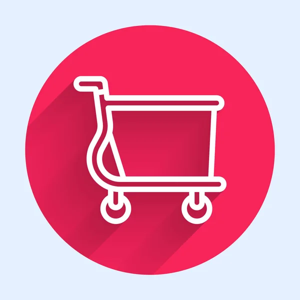 長い影で隔離された白いラインショッピングカートアイコン オンライン購入の概念 配送サービスの看板 スーパーマーケットバスケットのシンボル 赤い丸ボタン ベクトル — ストックベクタ