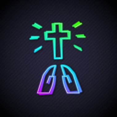 Parlayan neon hattı Eller dua pozisyonunda siyah arkaplanda izole edilmiş ikon. Tanrı 'ya inanç ve umutla dua edin. Vektör.