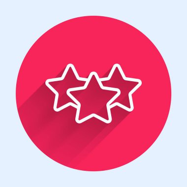 Beyaz çizgi Beş yıldızlı müşteri ürün değerlendirme simgesi uzun gölge arkaplan izole. Favori, en iyi derecelendirme, ödül sembolü. Kırmızı daire düğmesi. Vektör