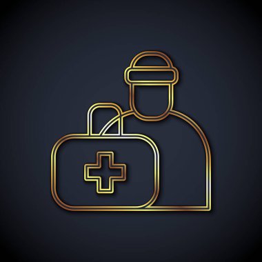 Altın çizgili ilk yardım çantası simgesi siyah arkaplanda izole edildi. Haçlı sağlık kutusu. Acil durumlar için tıbbi ekipman. Sağlık sigortası konsepti. Vektör