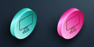 Isometric satır Bilgisayar ekranı simgesi siyah arkaplanda izole edildi. Elektronik cihaz. Ön manzara. Turkuaz ve pembe daire düğmesi. Vektör