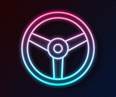 Parlayan neon çizgisi direksiyon simgesi siyah arkaplanda izole edildi. Araba tekeri ikonu. Vektör