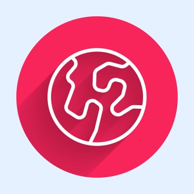 Beyaz çizgi Dünya ikonu uzun gölge arkaplanı ile izole edilmiş. Dünya ya da Dünya işareti. Küresel internet sembolü. Geometrik şekiller. Kırmızı daire düğmesi. Vektör