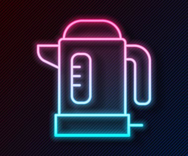 Parlayan neon hattı elektrik ısıtıcısı simgesi siyah arkaplanda izole edildi. Çaydanlık ikonu. Vektör