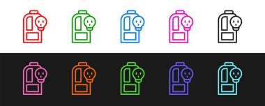 Zehirli sıvı ikonu siyah ve beyaz arka planda izole edilmiş kimyasal deney tüpü hattı oluşturun. Biyolojik tehlike sembolü. Radyasyon ikonu olan tehlikeli bir sembol. Vektör