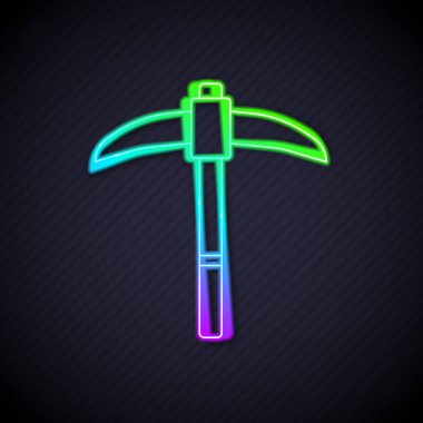 Parlayan neon çizgisi Kazma simgesi siyah arkaplanda izole edildi. Vektör
