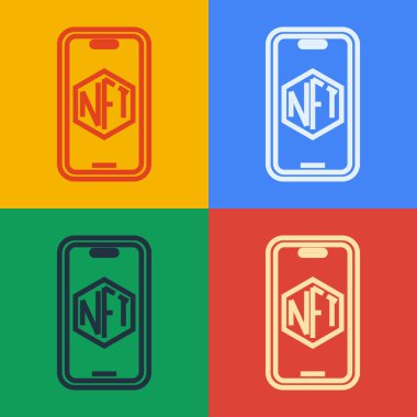 Sanat mağazası uygulama simgesine sahip Pop Art Line Mobile renk arkaplanında izole edilmiş. Şifreli para için NFT jetonu satma teknolojisi. Para iadesi olmayan jeton. Vektör