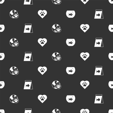 Akvaryumu balıklarla, yiyeceklerle, hayvan ve kalp hayvanlarının ayak izleriyle donatın. Vektör