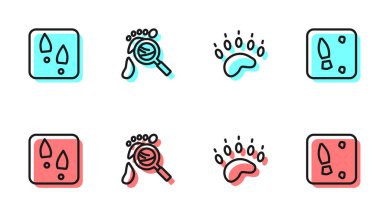 Ayı pençesi ayak izi, insan ayak izi, ayak izi ve ikonlu büyüteç. Vektör