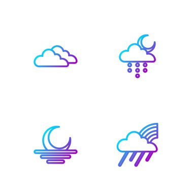 Gökkuşağını bulut ve yağmurla, gün batımıyla, bulutla ve ayla belirleyin. Renk simgeleri. Vektör