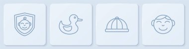 Sırayı bozmayın. Bebek kalkan, şapka, lastik ördek ve küçük çocuğun kafası. Beyaz kare düğme. Vektör
