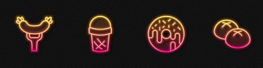 Donut, çatal sosis, waffle ve ekmekli dondurma. Parlayan neon ikonu. Vektör
