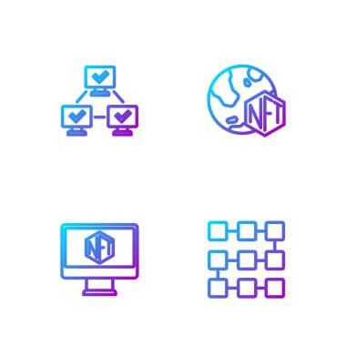 Hat NFT engelleme teknolojisi, sanat mağazası uygulaması ile monitör ve dijital şifreleme. Renk simgeleri. Vektör