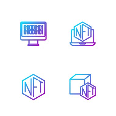 Satır NFT dijital şifreleme sanatı, ikili kod ve dizüstü bilgisayarı depolama uygulaması ile ayarla. Renk simgeleri. Vektör