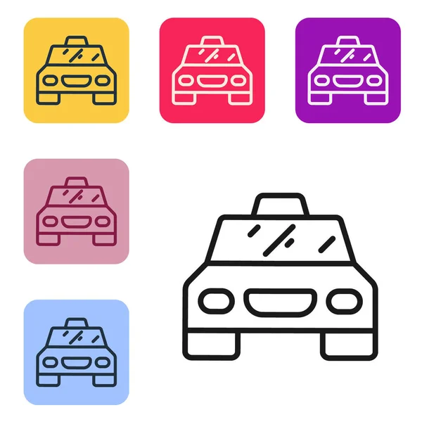 黑线出租车图标隔离在白色背景 在彩色正方形按钮中设置图标 — 图库矢量图片