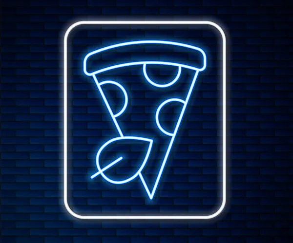 Glowing Neon Line Vegan Pizza Slice Icon Isolated Brick Wall — Stock Vector