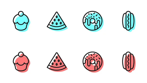 Establecer Línea Donut Muffin Sandía Hotdog Icono Vector — Archivo Imágenes Vectoriales