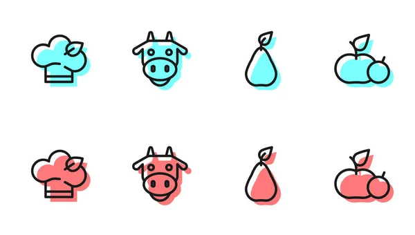 Réglez Ligne Poire Alimentation Végétalienne Tête Vache Icône Apple Vecteur — Image vectorielle