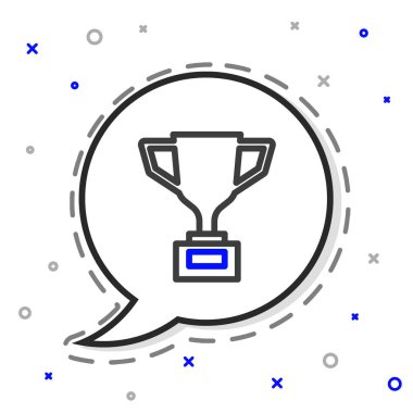 Beyaz arka planda bisiklet ikonu olan çizgi ödül kupası. Galibiyet ödülü sembolü. Şampiyonluk ya da yarışma kupası. Spor başarısı. Renkli taslak konsepti. Vektör