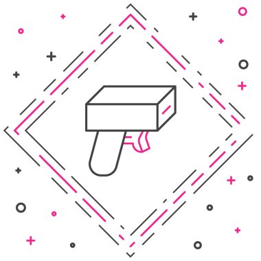 Çizgi Para Silahı simgesi beyaz arkaplanda izole edildi. Oyuncak tabancayı parayla vur. Para makineli tüfek. Renkli taslak konsepti. Vektör