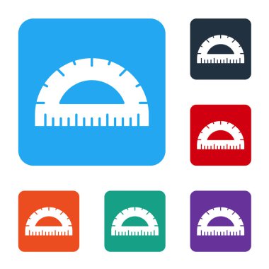 Beyaz arka planda izole edilmiş derece simgesini ölçmek için beyaz açılı ızgara. Eğim ölçer. Ölçme aleti. Geometrik sembol. Renkli kare düğmelerle simgeleri ayarla. Vektör.