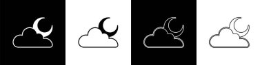 Bulut 'u ay simgesiyle siyah beyaz arkaplanda ayır. Bulutlu gece işareti. Uyku rüyalarının sembolü. Gece ya da yatak zamanı tabelası. Vektör.