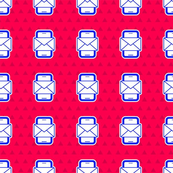 Blue Mobile and envelope, new message, mail icon isolated seamless pattern on red background. Usage for e-mail newsletters, headers, blog posts.  Vector.
