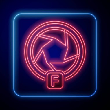 Glowing neon Camera shutter icon isolated on black background.  Vector.