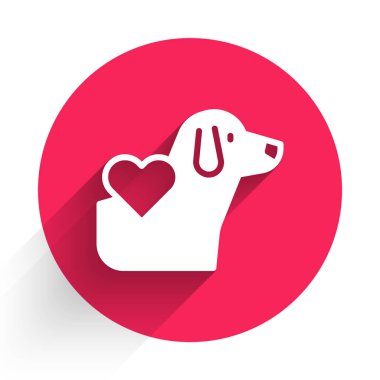 Uzun gölgeli izole edilmiş köpek ikonlu beyaz kalp. Yüreğindeki evcil hayvan pençesi. Hayvanlara sevgiler. Kırmızı daire düğmesi. Vektör.