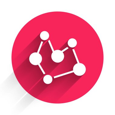 Beyaz Kimya formülü ikonu uzun gölge arkaplanı ile izole edildi. Yenilikçi tıp, sağlık, araştırma ve bilim için soyut altıgen. Kırmızı daire düğmesi. Vektör