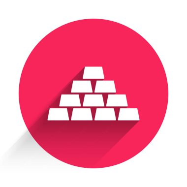 Beyaz altın çubuk simgesi uzun gölge arkaplan izole. Bankacılık işi konsepti. Kırmızı daire düğmesi. Vektör