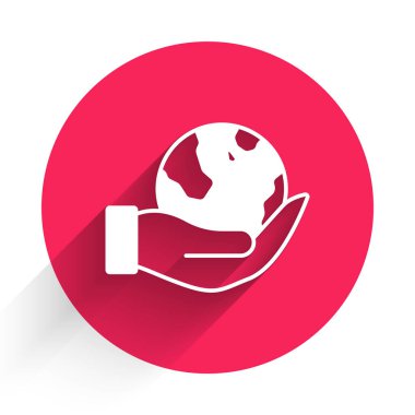 Beyaz insan eli Dünya 'nın ikonunu uzun gölgeli arka planda tutuyor. Dünya kavramını sakla. Kırmızı daire düğmesi. Vektör