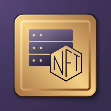 Mor NFT engelleme teknolojisi ikonu mor arkaplanda izole edilmiş. Para iadesi olmayan jeton. Dijital kripto sanat konsepti. Altın kare düğme. Vektör