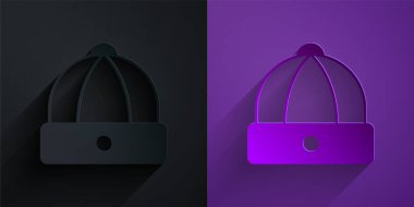 Kağıt, mor arka planda siyah üzerine izole edilmiş Çin şapkası simgesi. Kağıt sanatı tarzı. Vektör