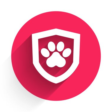 Beyaz Hayvan Sağlık Sigortası ikonu uzun gölgeler altında izole edilmiş. Hayvan koruma konsepti. Köpek ya da kedi pençesi izi. Kırmızı daire düğmesi. Vektör